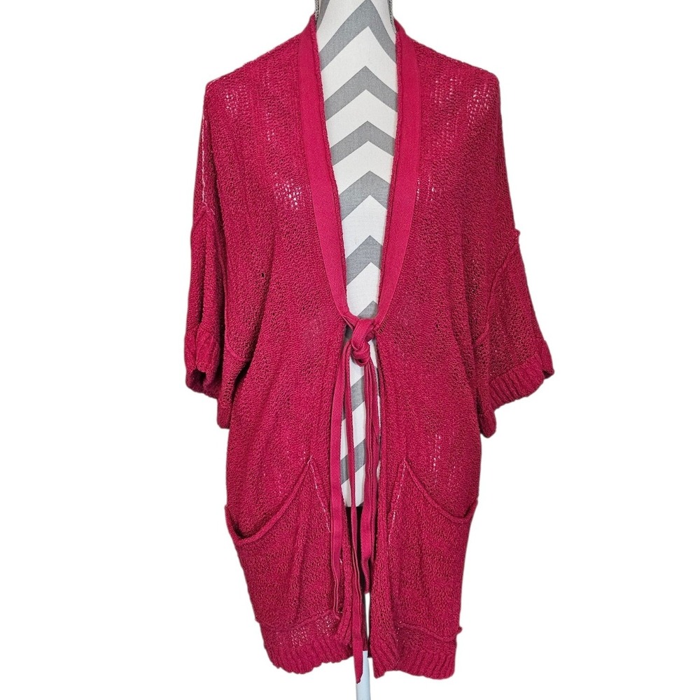 Free People Womens Raspberry Open Knit Tie Front Short Sleeve Cardigan Sweater S
